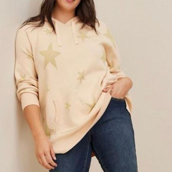 Torrid Ivory & Metallic Gold Starry Jacquard Knit Hooded Sweater Size 1X - Picture 1 of 7